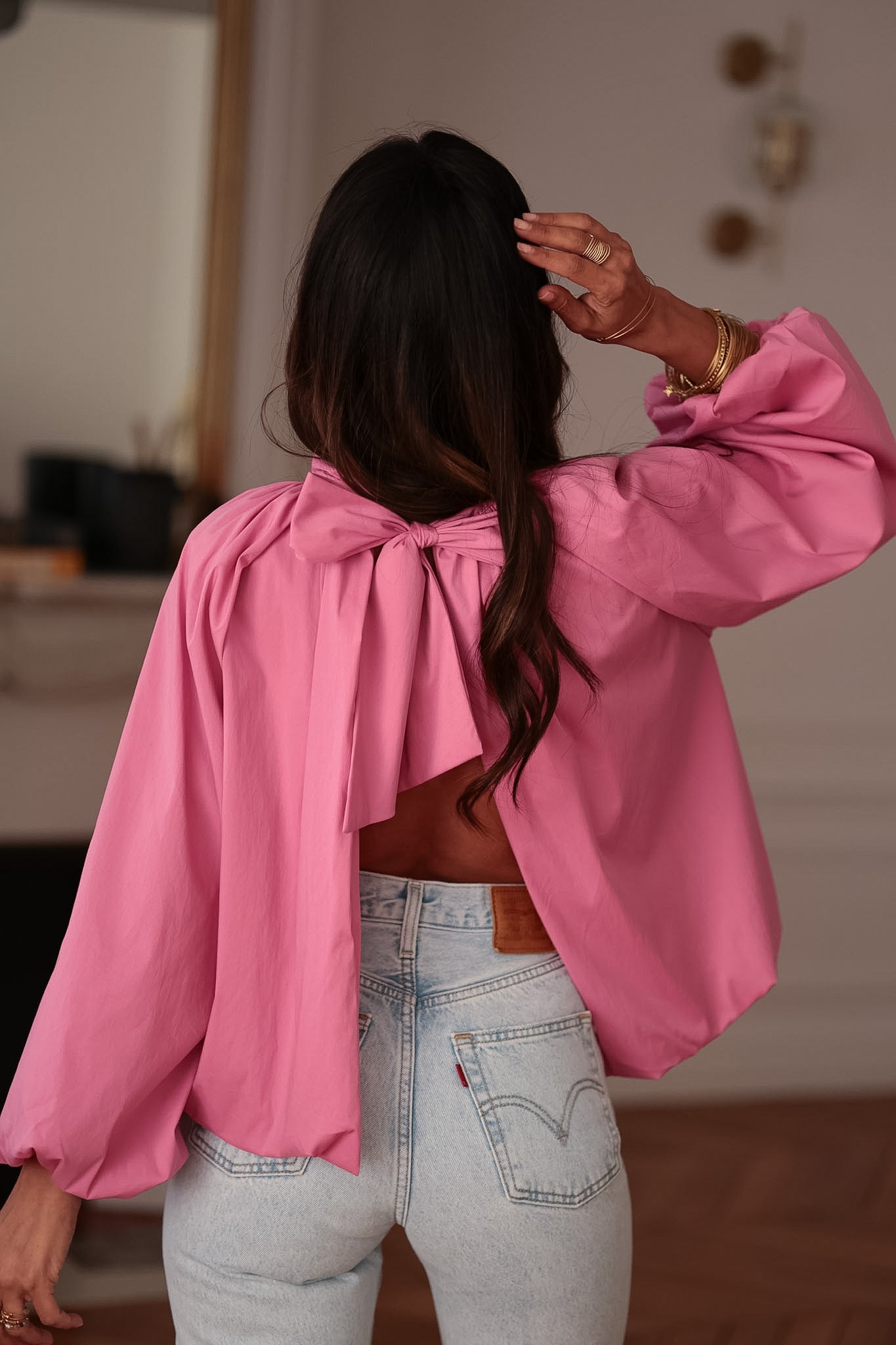 Blouse femme rose dos nu manches 3/4 (vue 7)