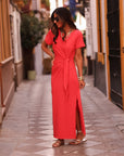 Robe longue Cléo rouge à nouer à la taille (vue 4)