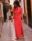 Robe longue Cléo rouge à nouer à la taille (vue 6)