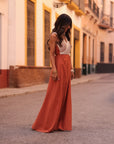 Robe femme longue terracotta avec haut à cordes écrues (vue 4)