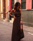Ensemble femme chocolat jupe longue fendue et top dos nu ras-de-cou doré Diane