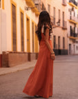 Robe femme longue terracotta avec haut à cordes écrues (vue 8)