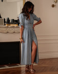 Robe longue femme en jean bleu clair col V boutonnée (vue 4)