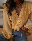 Blouse manches longues femme jaune col V à volants (vue 2)