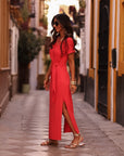 Robe femme rouge longue col rond avec nœud à nouer et fente latérale Cléo