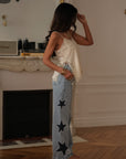 Jean Liv bleu clair coupe droite étoiles côtés taille mi-haute