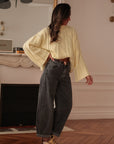 Pull femme jaune col montant torsadé taille unique (vue 2)