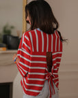 T-shirt femme coton à rayures rouge avec nœud dans le dos (vue 2)