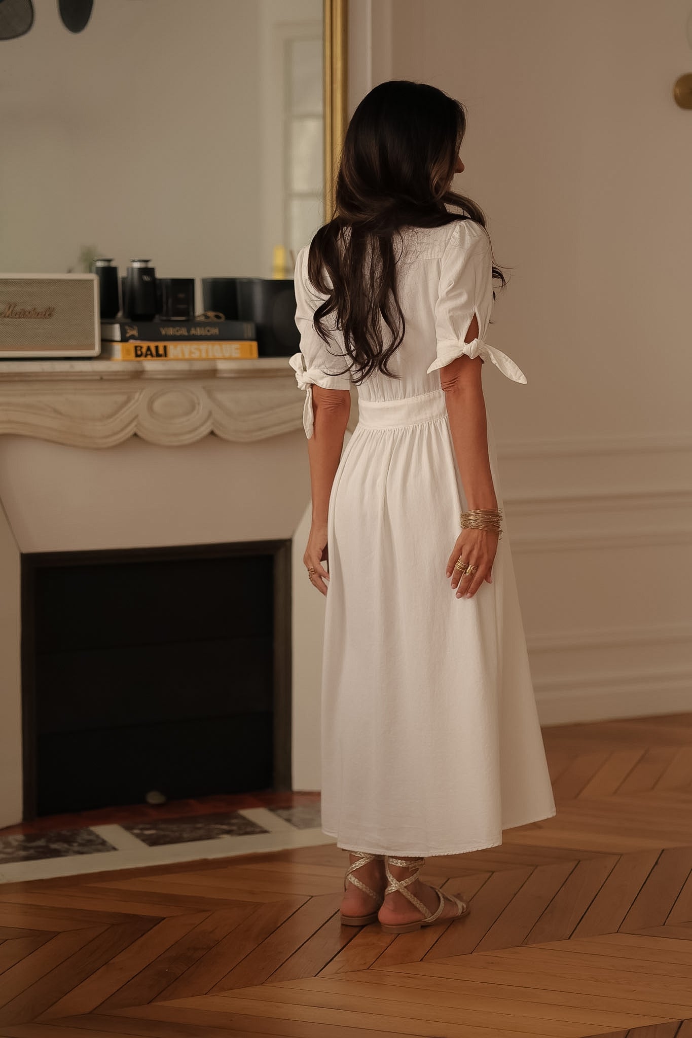 Robe longue femme écrue en jean col V boutonnée Jola (vue 9)