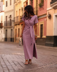Robe longue Cléo parme à nouer à la taille (vue 2)