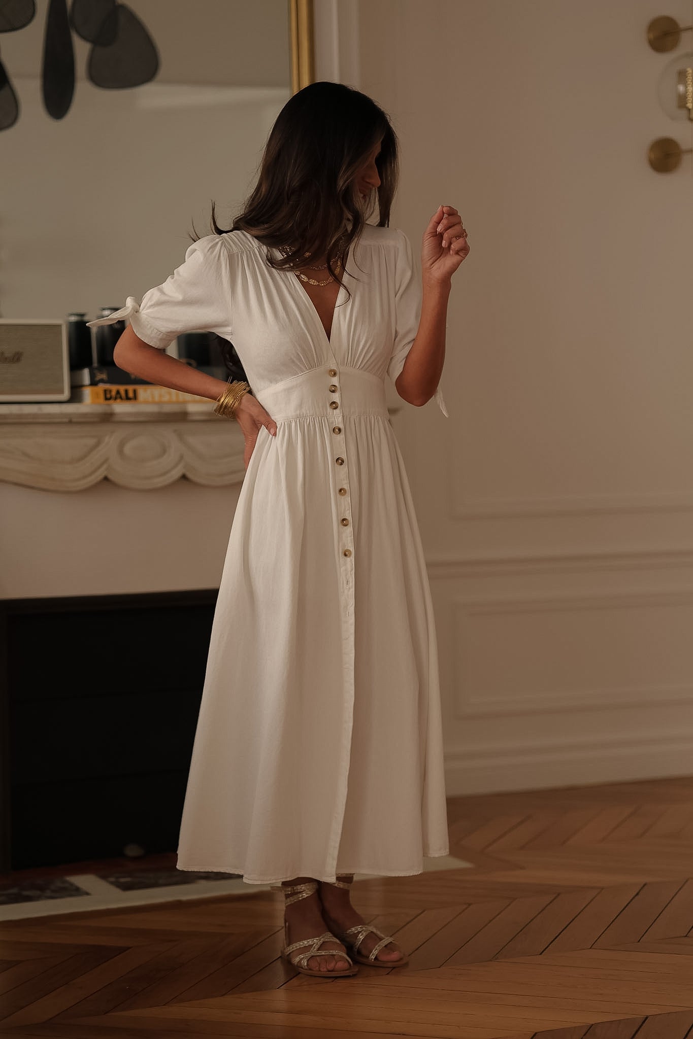 Robe longue femme écrue en jean col V boutonnée Jola (vue 7)