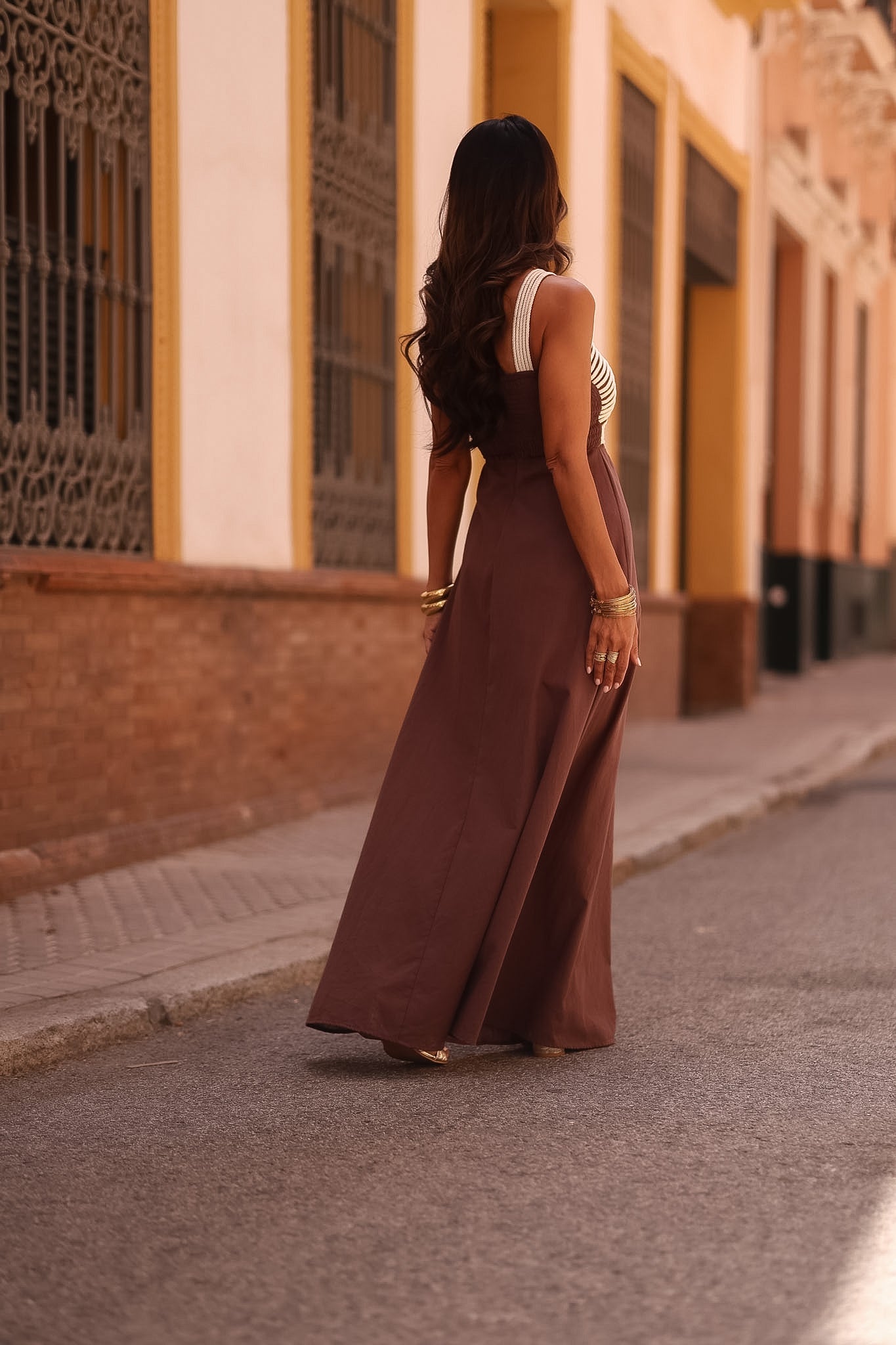 Robe longue Calypso chocolat, bustier en cordes tressées (vue 8)