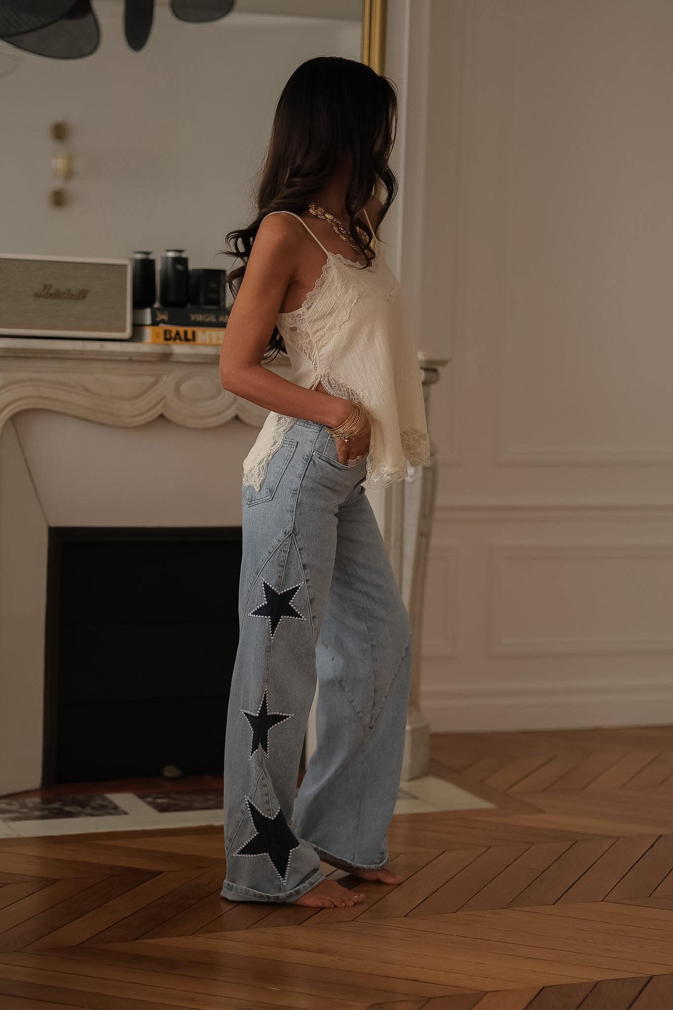 Jean femme bleu clair coupe droite étoiles côtés taille mi-haute Liv (vue 7)