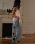 Jean femme bleu clair coupe droite étoiles côtés taille mi-haute Liv (vue 7)