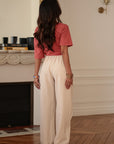 Pantalon femme beige coupe asymétrique taille élastique fluide (vue 8)