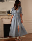 Robe longue femme en jean bleu clair col V boutonnée (vue 2)