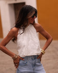 Top Willa blanc tissu brodé dos nu à nouer