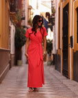 Robe longue Cléo rouge à nouer à la taille (vue 2)