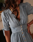 Robe longue femme en jean bleu clair col V boutonnée (vue 5)