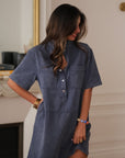 Robe en jean femme bleu marine manches courtes coupe droite (vue 3)