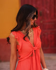 Ensemble femme corail top noué jupe longue asymétrique fluide (vue 8)