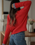 Pull femme rouge col rond à volant motif vichy (vue 5)