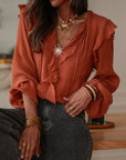 Blouse femme terracotta manches longues col V à volants (vue 2)