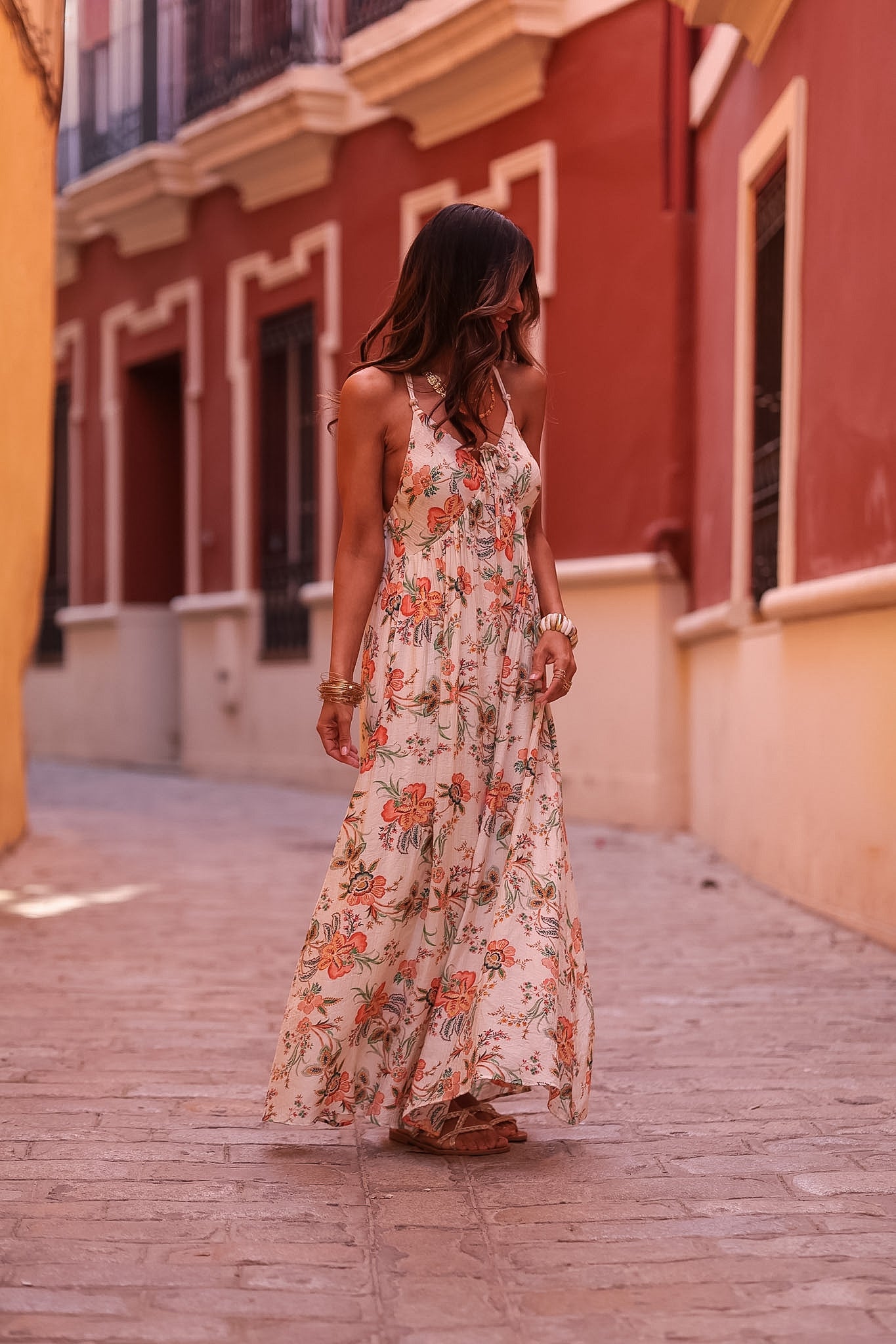 Robe femme longue imprimée fleurie col V dos tressé viscose (vue 8)