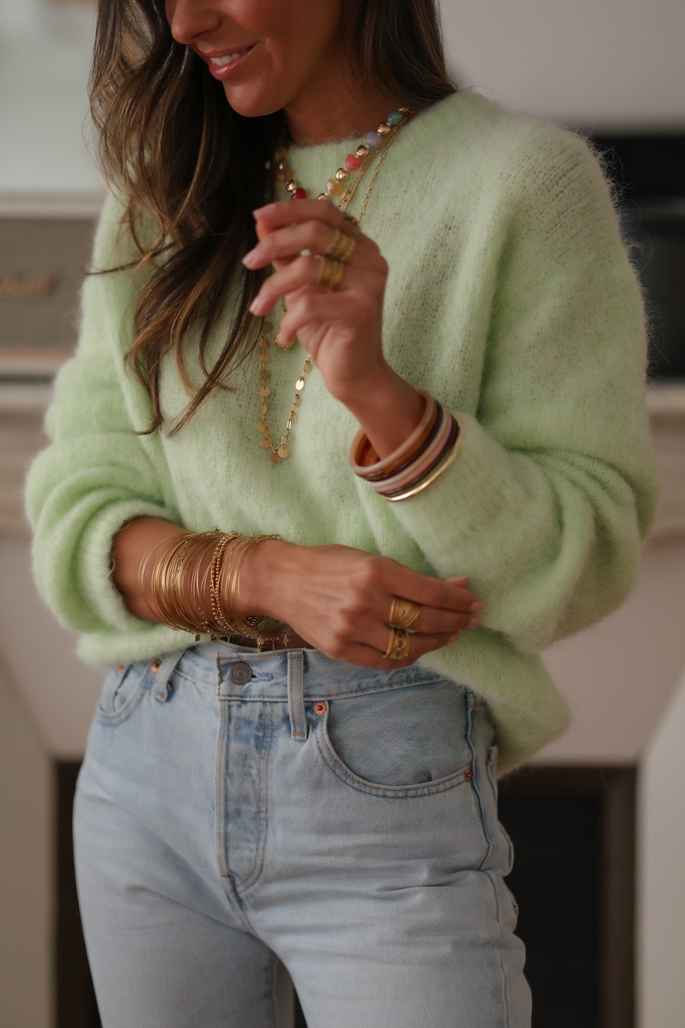 Pull vert femme col rond doux taille unique (vue 8)