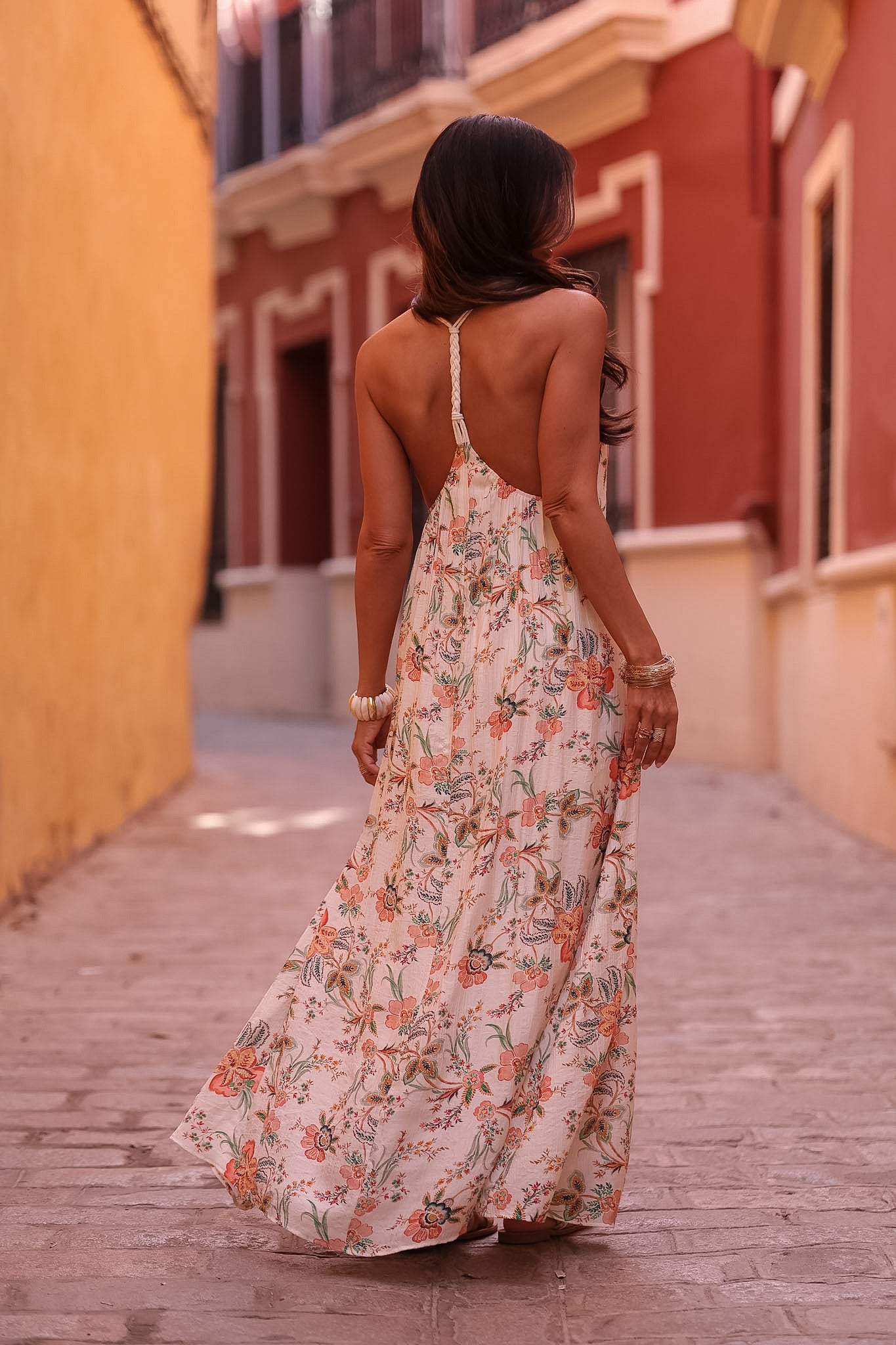 Robe femme longue imprimée fleurie col V dos tressé viscose (vue 7)