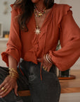 Blouse femme terracotta manches longues col V à volants (vue 3)