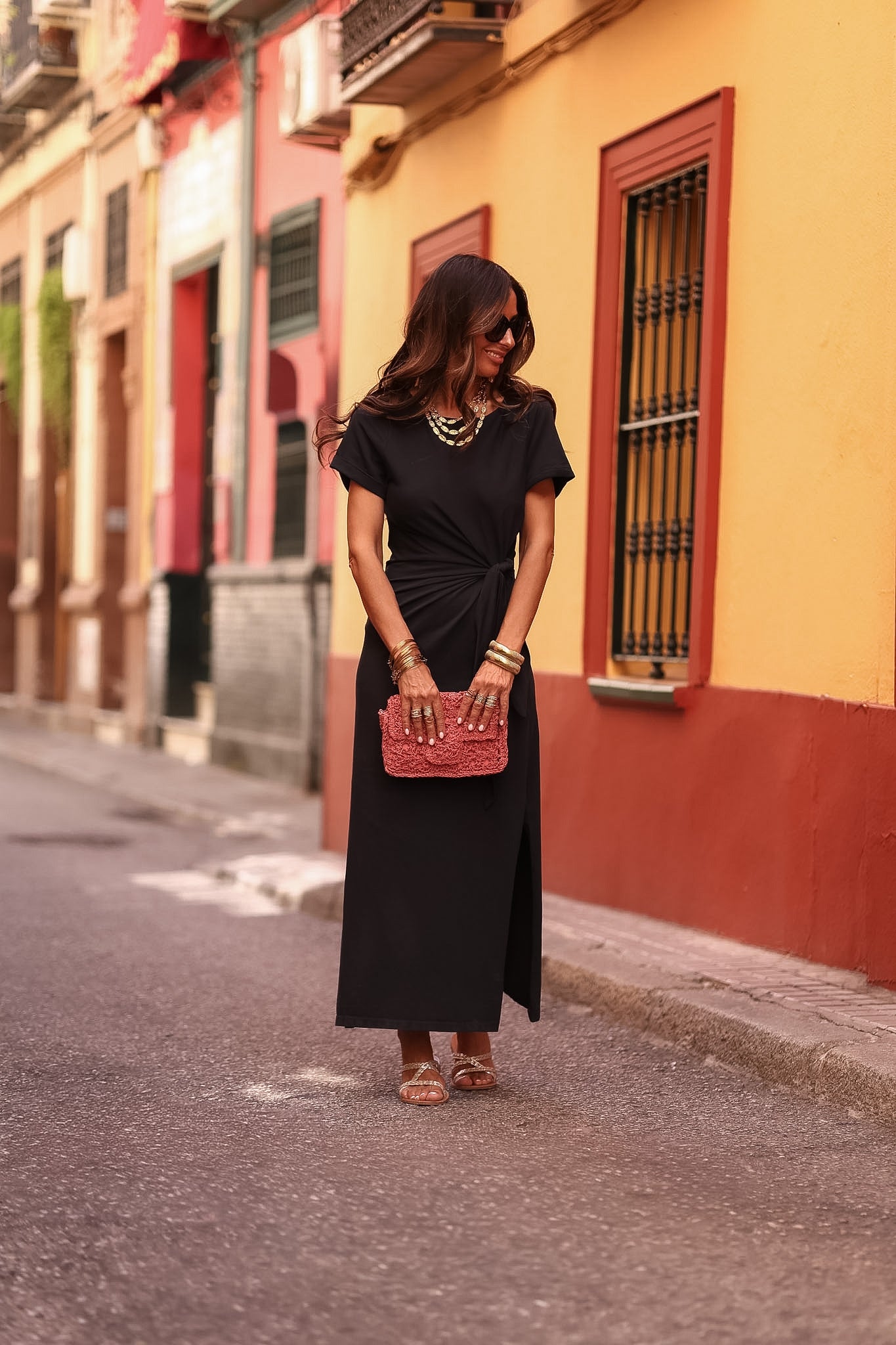 Robe longue Cléo noire à nouer à la taille (vue 2)