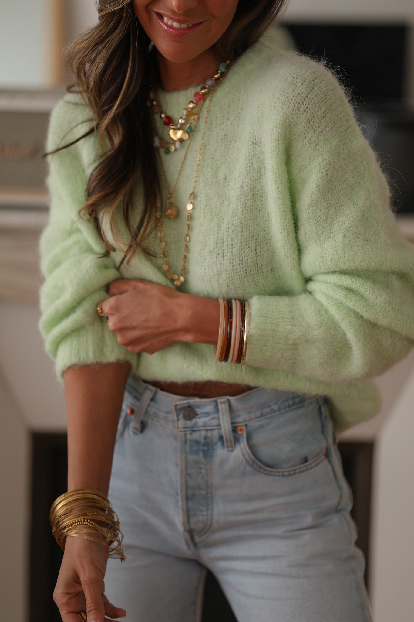 Pull vert femme col rond doux taille unique (vue 7)