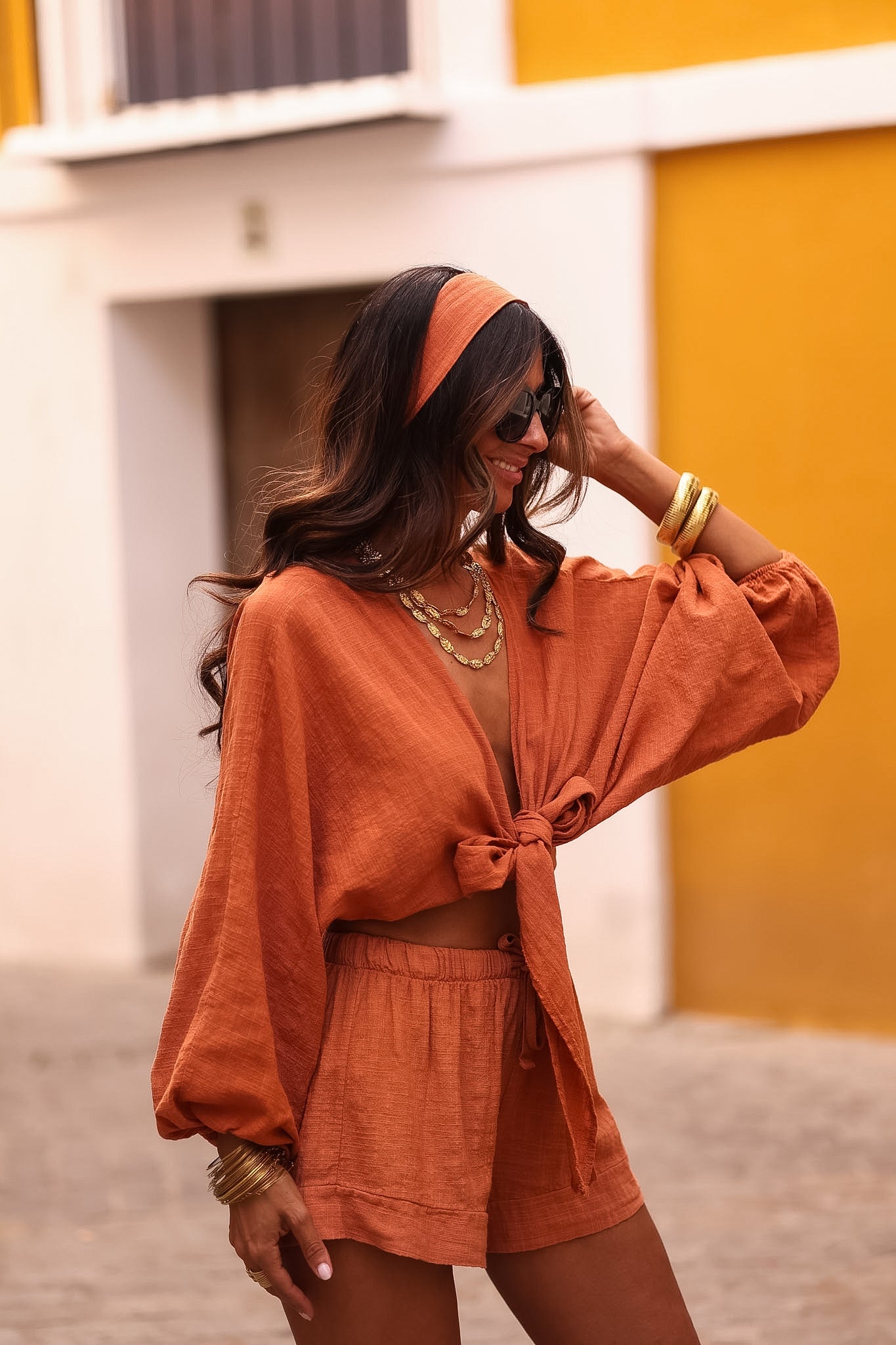 Ensemble femme terracotta top manches ballons noué short et bandeau coton Belize