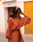 Ensemble femme terracotta top manches ballons noué short et bandeau coton Belize