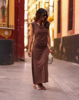 Robe longue Maia marron, col rond et fentes latérales (vue 4)