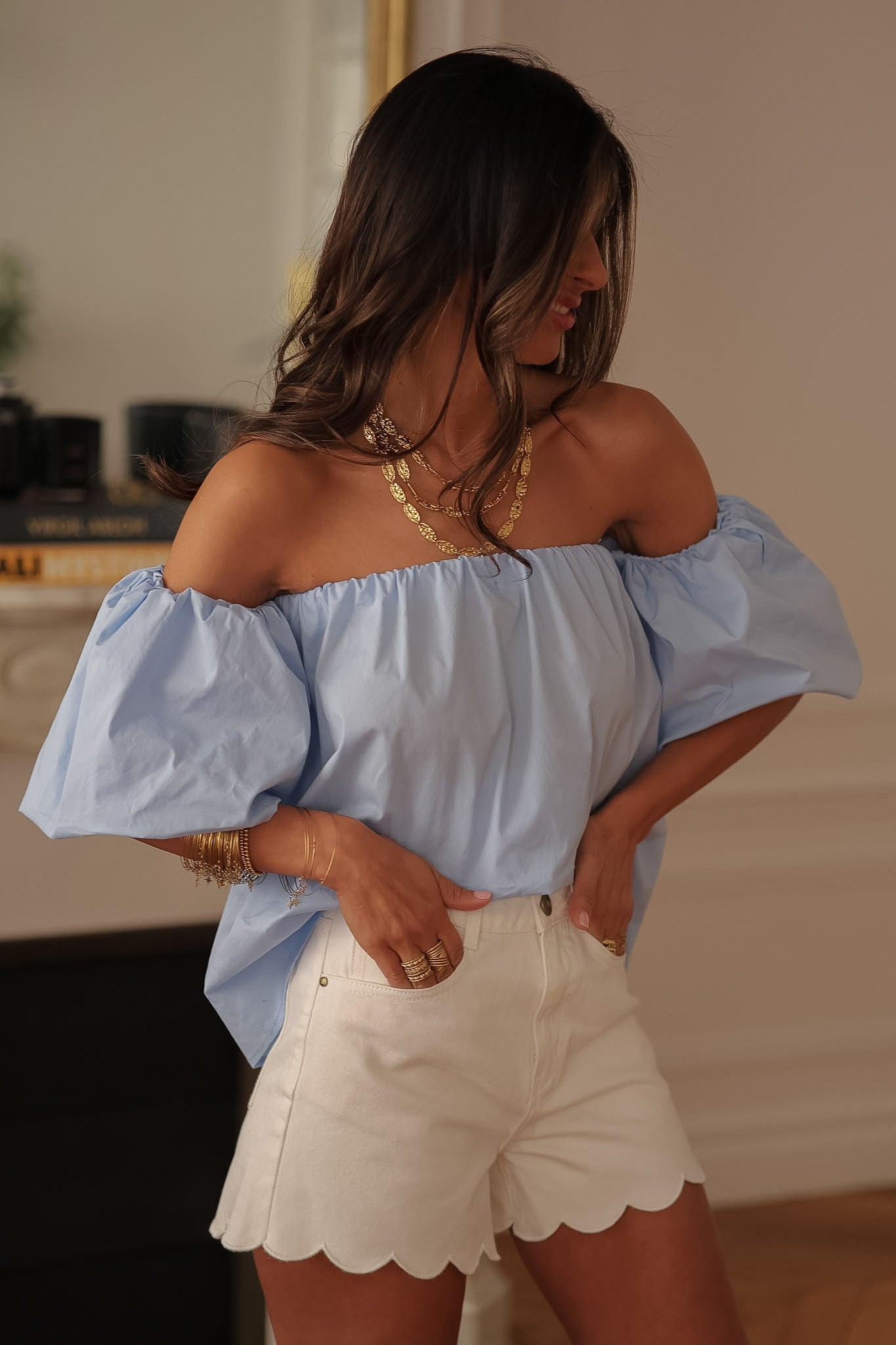 Top femme bleu ciel en coton à épaules dénudées Paz (vue 8)