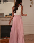 Pantalon femme rose coupe large taille élastique et ceinture assortie (vue 4)