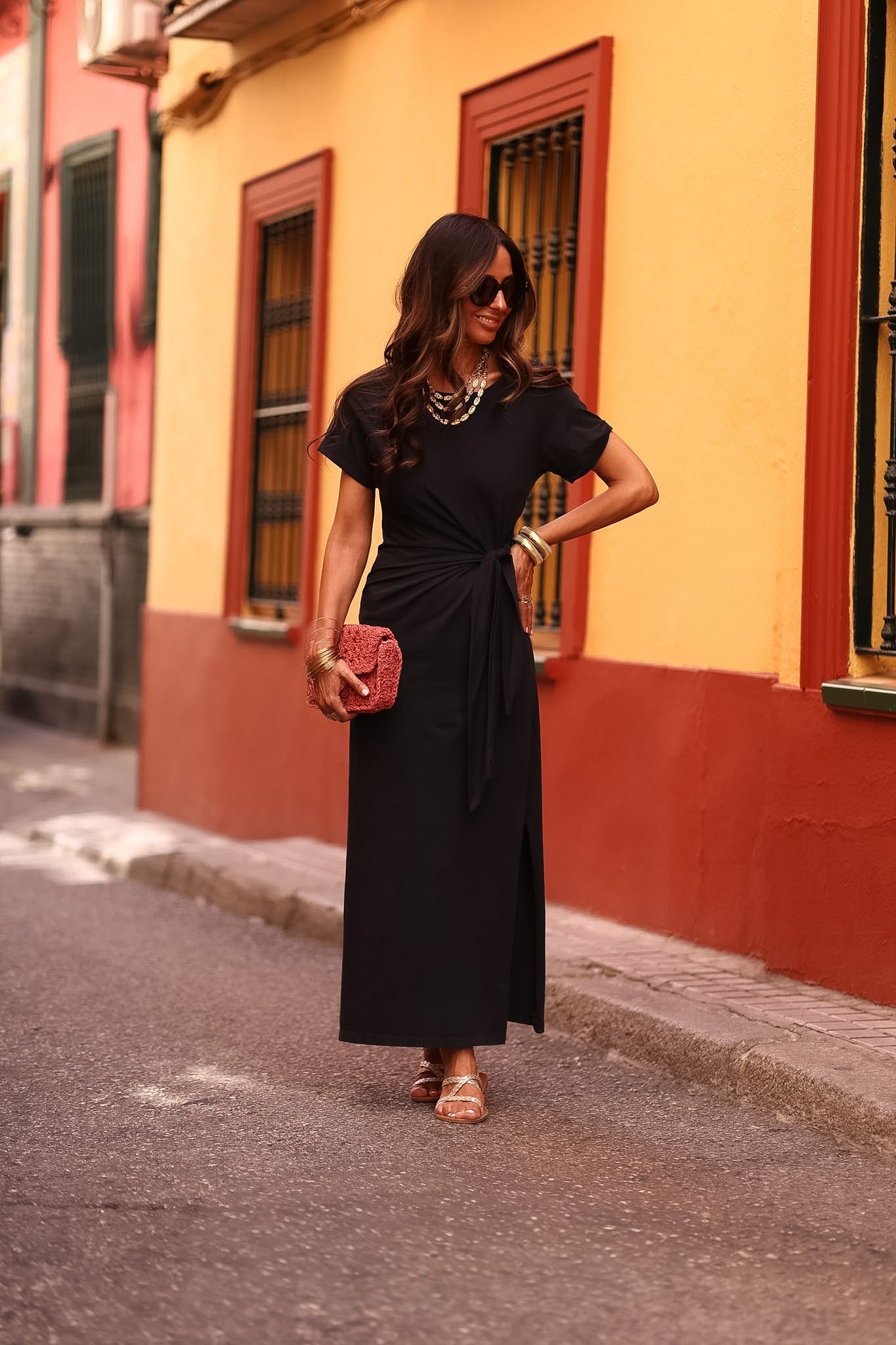 Robe longue Cléo noire à nouer à la taille (vue 4)