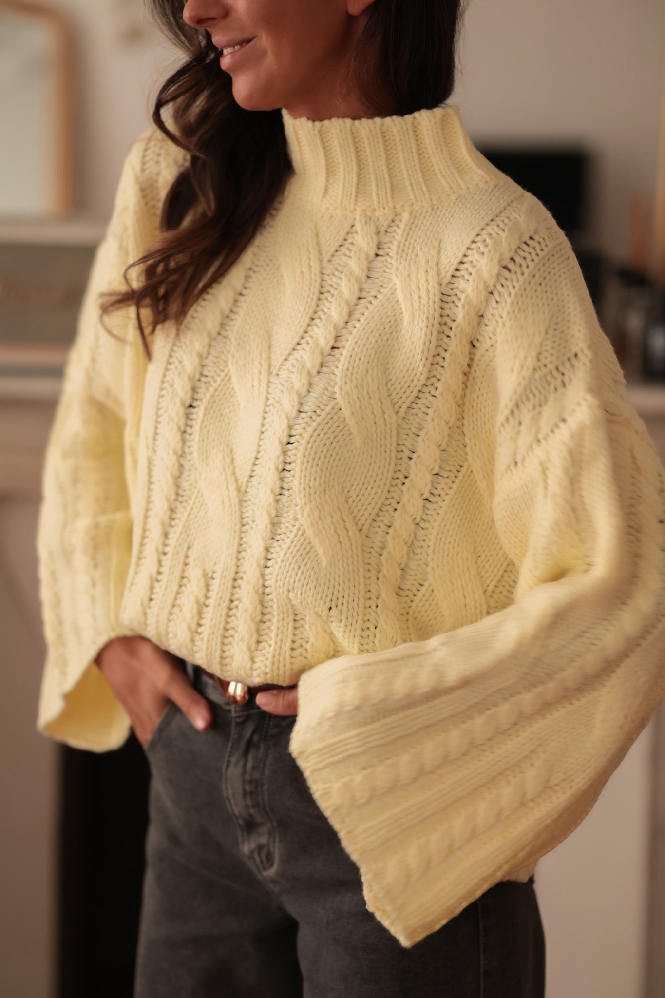 Pull femme jaune col montant torsadé taille unique (vue 8)