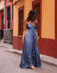 Robe femme longue bleu nuit satinée dos nu Zélia (vue 3)