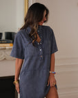 Robe en jean femme bleu marine manches courtes coupe droite (vue 4)