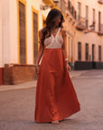 Robe femme longue terracotta avec haut à cordes écrues (vue 7)