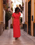 Robe longue Cléo rouge à nouer à la taille (vue 7)