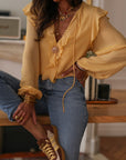 Blouse manches longues femme jaune col V à volants (vue 3)