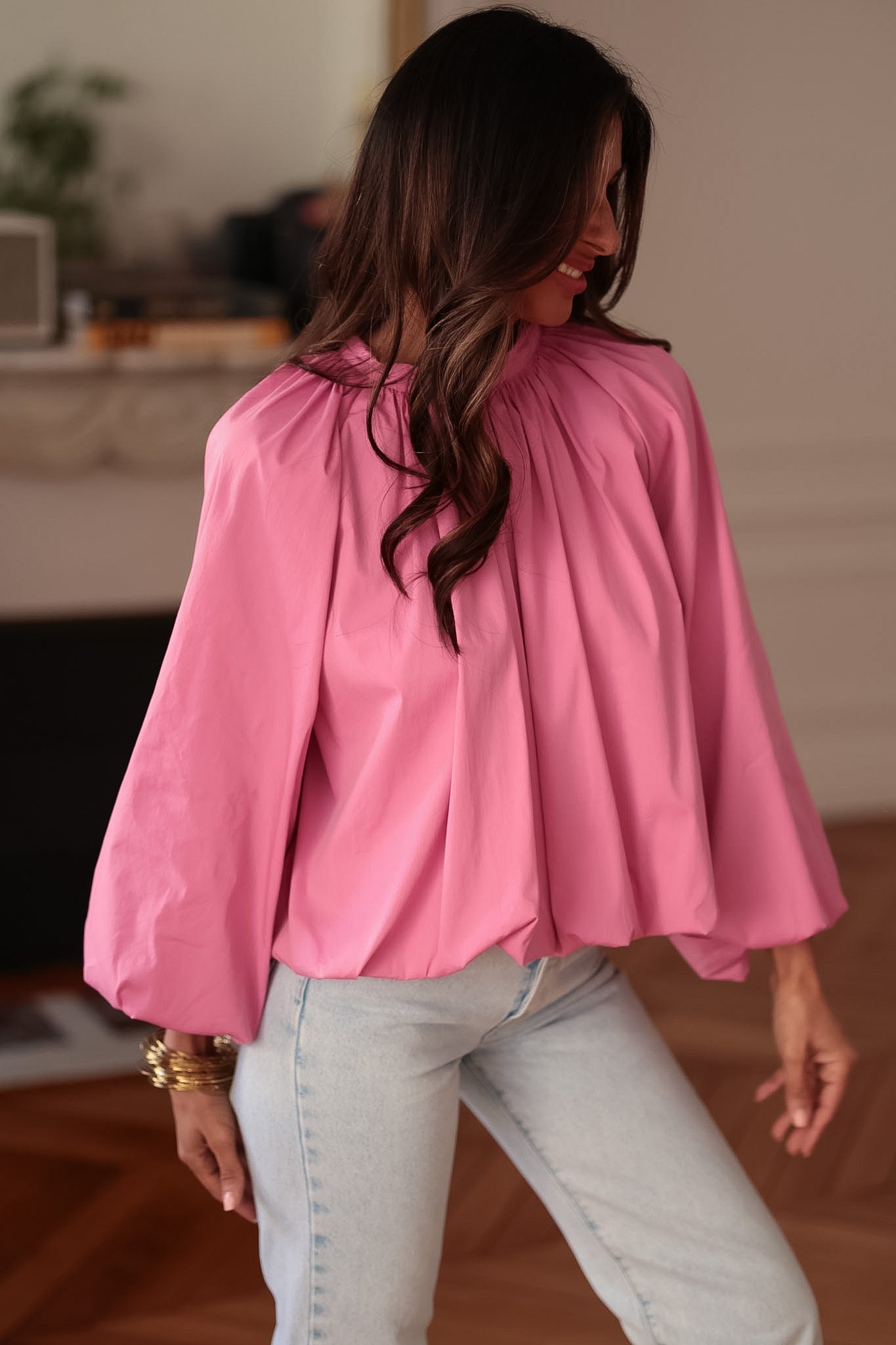 Blouse femme rose dos nu manches 3/4 (vue 8)