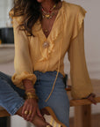 Blouse Paola jaune manches longues col V à volants