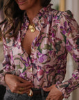Blouse femme à fleurs manches longues avec volant (vue 2)