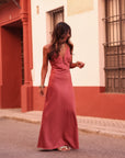 Robe Meryl longue rose terracotta col V