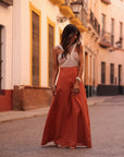 Robe femme longue terracotta avec haut à cordes écrues (vue 6)